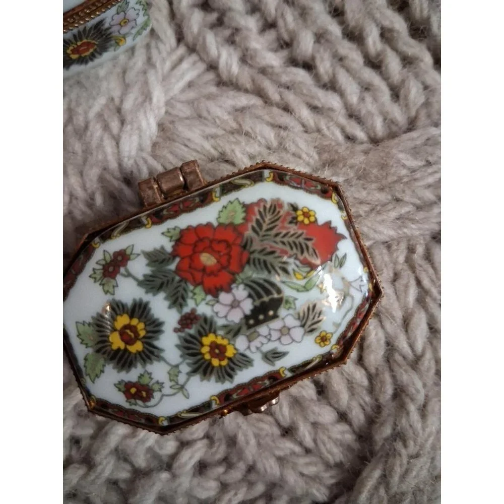 Vintage Floral Porcelain Trinket Box Set Of 3 With Hinged Lids & Gold Accents
